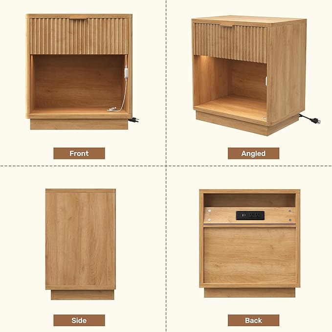 Miereirl Fluted Nightstands Set of 1 with Charging Station, LED Nightstand with Rounded Edge, 22" W Farmhouse Nightstand for Bedroom, Natural Oak