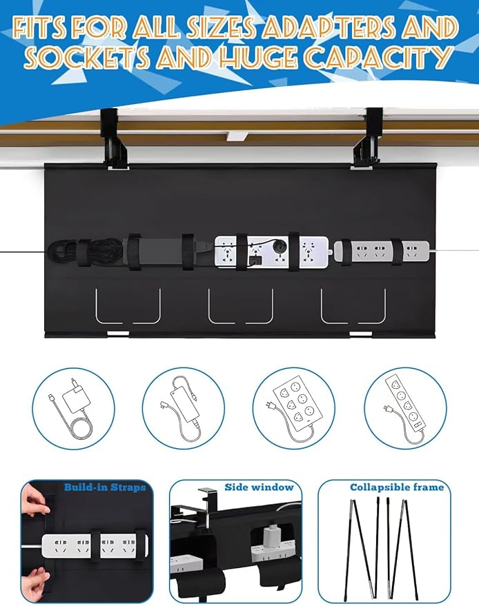 No Drill Under Desk Cable Management Tray - 36" Under Desk Cord Organizer,Clamp/Screw Mount Cable Management, Premium Fabric Cord Hider for Wire Organizer for Office, Home