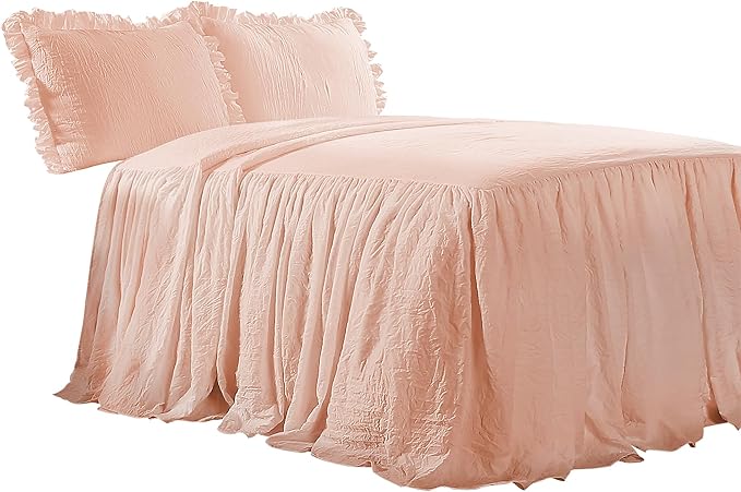 Lush Decor Ruffle Skirt Bedspread Set - 3-Piece Luxurious Farmhouse Bedding - Elegant Ruffle Detail - Timeless Style - Soft Lightweight Sheets - King, Blush