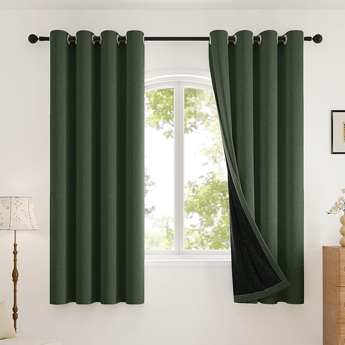 100% Blackout Curtains Thick Soft Curtain 2 Panels Set for Small Bedrooms/Children's Rooms, Linen-Look Textured Full Light Blocking Room Darkening Thermal Insulated Drapes (W52xL54, Olive)