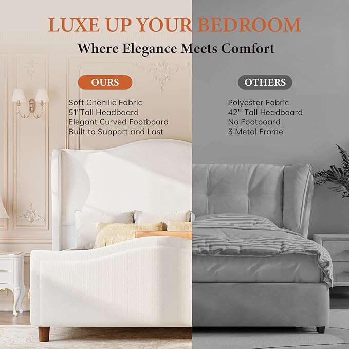 koorlian Queen Bed Frame Chenille Fully Upholstered Bed with Headboard and Footboard, 51" High Deep Tufted Wingback Sleigh Upholstered Platform Bed, Modern Retro Minimalist Style, Easy Assembly, Cream