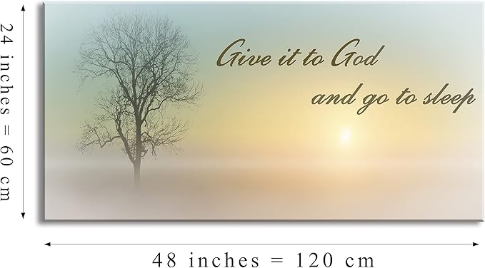 Misty Sunset & Tree Plant Picture For Bedroom Above Bed,Large White Country Wood Sign For Bathroom Canvas Wall Art,Give It To God And Go To Sleep Artwork Decor,Gallery Wrapped Gift,Inner Frame(24x48)
