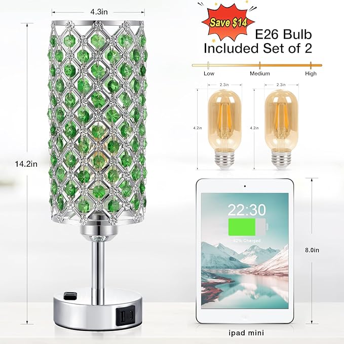 Hong-in Green Crystal Lamp Touch Control Set of 2, Crystal Table Lamps with USB C+A Ports & AC Outlet, 3-Way Dimmable Nightstand Touch Lamp, Modern Bedside Table Lamp for Bedroom(Bulbs Included)