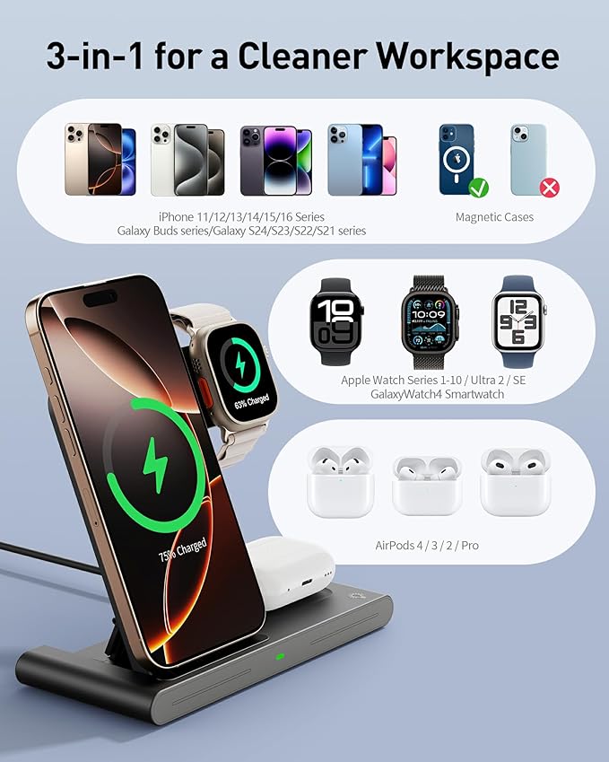 2026 Wireless Charger for Apple and Android Charging Station,3 in 1 Fast Max Charging for iPhone 16 15 14 13 12 Pro Max Plus, Apple Watch Series & Air pods 4 3 2 Pro, Android Samsung Galaxy Series