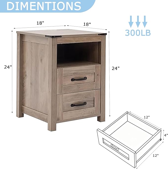 Sierra Rustic Night Stand Set of 2, Farmhouse End Table, Modern Bedside Table with 2 Storage Drawers and Open Shelf, Tall Nightstand for Bedroom