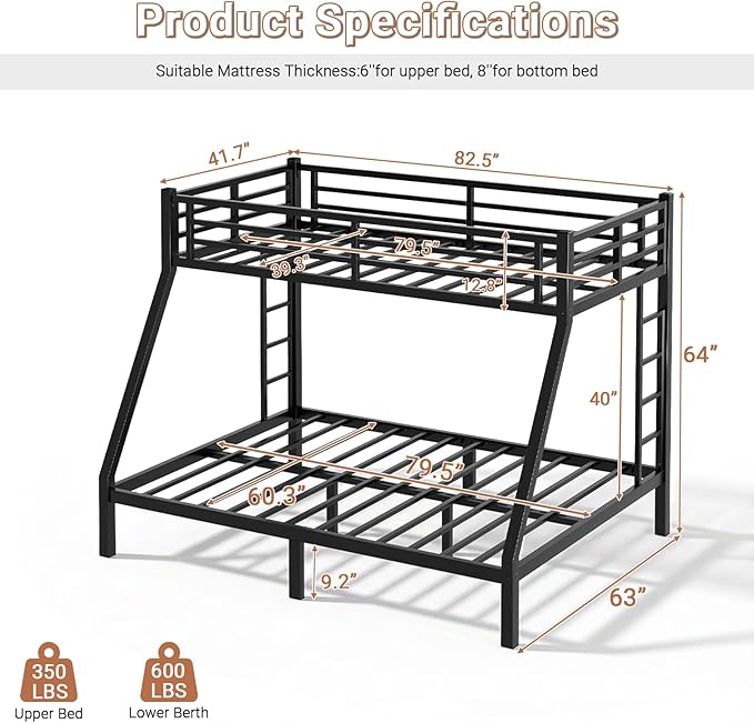 Twin XL Over Queen Bunk Bed Frame, Heavy Duty Metal Loft Bed for Adults/Teens, 350/600LB Capacity w/Ladder & Guardrail, Noise-Free Steel Slats, No Box Spring Required, Black