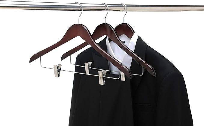 Quality Wooden Skirt Hangers with Clips 80-Pack Mahogany Pants Hangers with Adjustable Chrome Metal Clips, Swivel Hook, Coat, Jacket, Blouse Suit Hangers (Mahogany, 80)