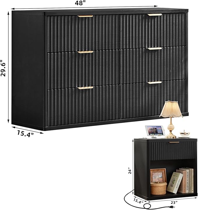LEYAOYAO 48" Wide Fluted Dresser and 1 Drawers 23" Nightstand Set of 2, Wooden Dresser & Night Stand with Charging Station, 3 Piece Bedroom Furniture Set, Chest of Drawer for Living Room,Black