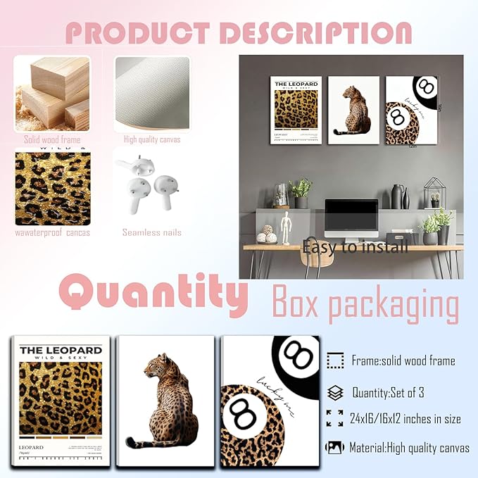 Trendy Leopard Framed Set of 3 Canvas Poster Prints,Picture Modern Artwork Wall Art for Home Décor,Perfect for Adds Wilderness & Elegance to Living Room,Bedroom or Any Interior Space,24Lx16W