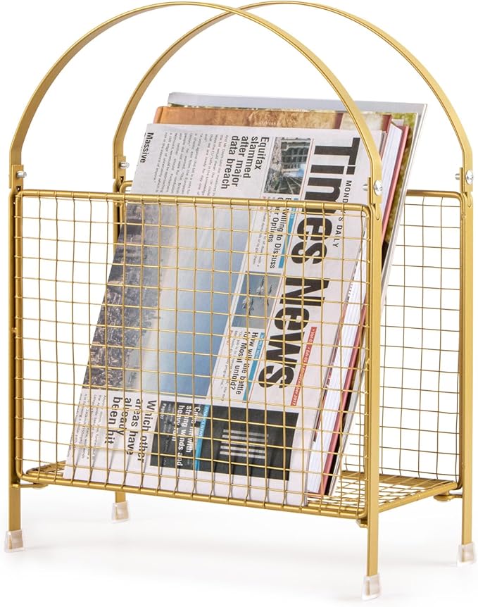 PUERSI Freestanding Magazine Holder – Modern Touch Handbag Design, Magazine Organizer Metal Rack for Books, Vinyl Record, Newspaper (Gold)