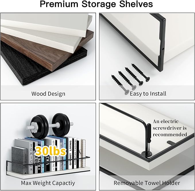 Shario White Floating Shelves - Set of 2, Wall Mounted Hanging Shelves with Black Towel Rack, Decorative Storage Shelves for Bathroom, Kitchen, Living Room & Bedroom (Modern White, 15.7 Inches)