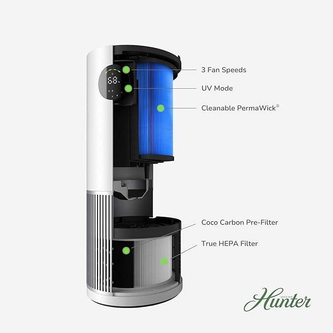 Hunter Fan Company Humidifier and Air Purifier In One, Advanced Filtration Air Purifiers for Home, Air Purifiers for Home Pets, Humidifiers for Bedroom and Humidifiers for Bedroom Baby, Black/Silver