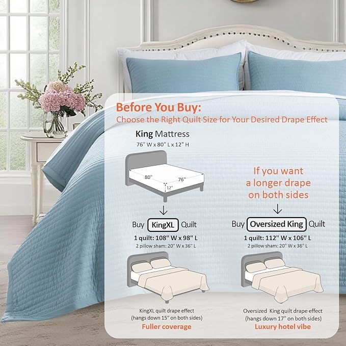 KASENTEX King XL Quilt Set 108"x98" – Soft Washed 3-Layer Lightweight Bedspread, Minimalist Nordic Design, All-Season Spring & Summer Quilt Set (1 Quilt + 2 Pillow Shams), Blue