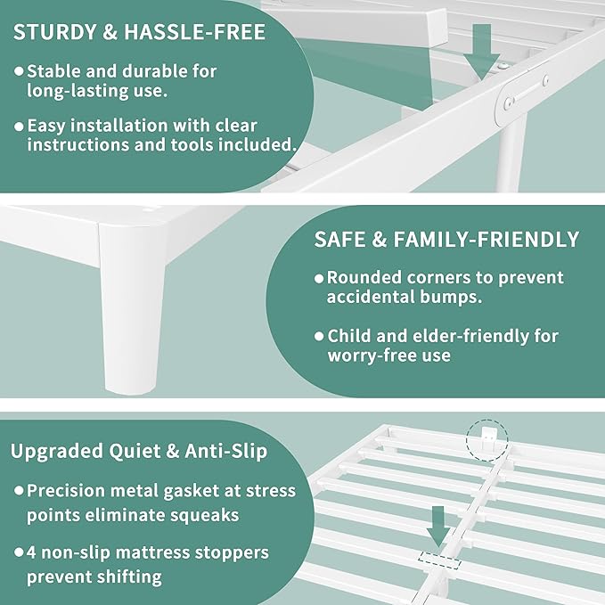 ITIMIDI 4 Inch White Queen Bed Frame, Metal Platform Bed Frames with Metal Gaskets, Heavy Duty Steel Support 3000 LBS, No Box Spring Needed, Anti-Slip Mattress Stopper, Easy Assembly