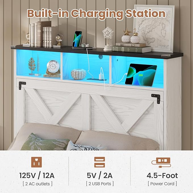 Hasuit Farmhouse Bed Frame Twin Size with Storage Headboard, Charging Station and LED Light, Wooden Twin Bed Frame with Storage Ottoman, Barn Door Design, No Box Spring Needed, No Noise (Walnut White)