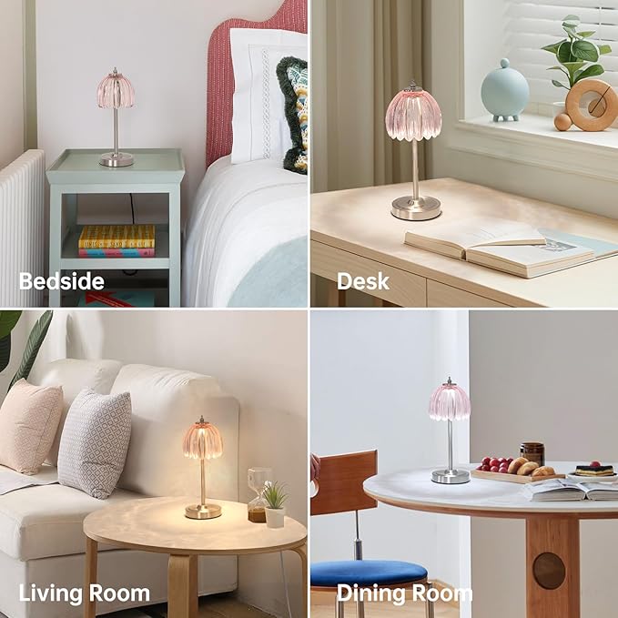 Tulip Table Lamp with 5200mAh Battery & Touch Control, Cordless Small Table Lamp with 3 Colors, Dimmable Rechargeable Table Lamps for Living Room, Bedroom, Desk, Bedside (Clear Pink Tulip)