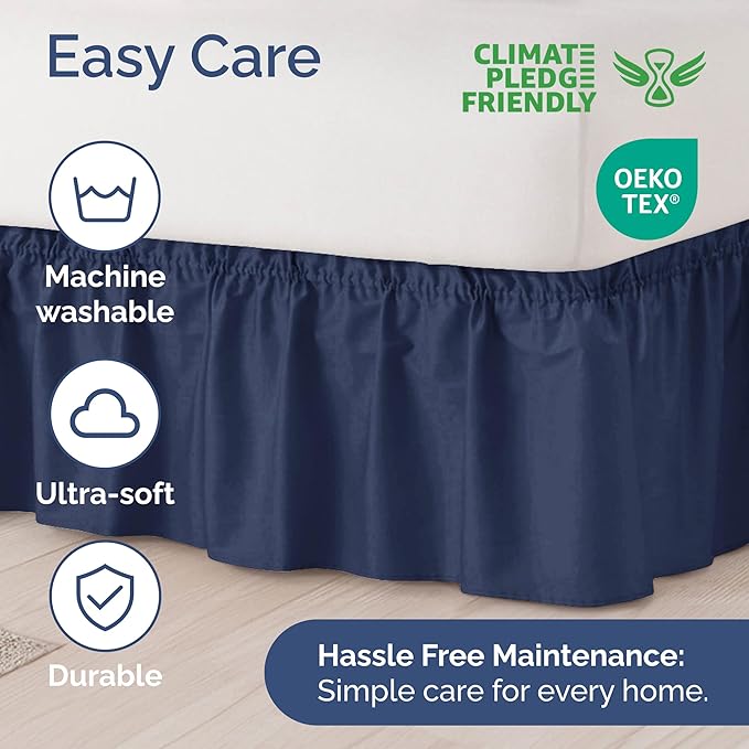 Wrap Around Dust Ruffle Bed Skirt - Navy Blue - for Queen Size Beds with 24 Inch Drop - Elastic Strap - Adjustable Pleated Bedskirt with Brushed Fabric and Wrinkle Free - for Women, Men, Kids & Teens