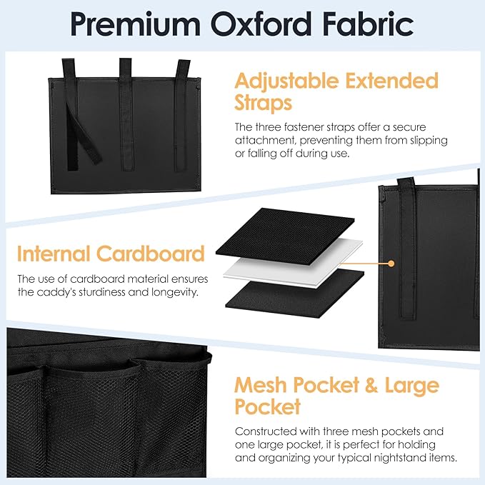 Bedside Caddy Storage Organizer, Hanging Storage Bag Pocket for Bunk/Hospital Beds,College Dorm Organizer for Remotes Phone,College Dorm,Camp,Bed Rails(4 Pockets),Black