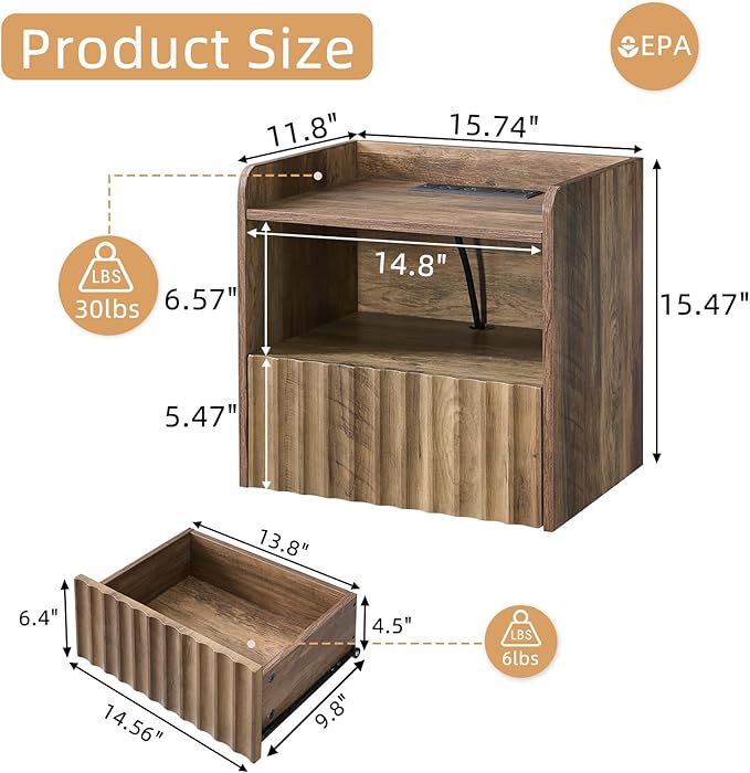 Modern Fluted Floating Nightstand Wall Mounted - Bedside Table with Storage Drawer & Display Shelf, Minimalist Bedroom Furniture for Studio Apartments(Rustic Brown)
