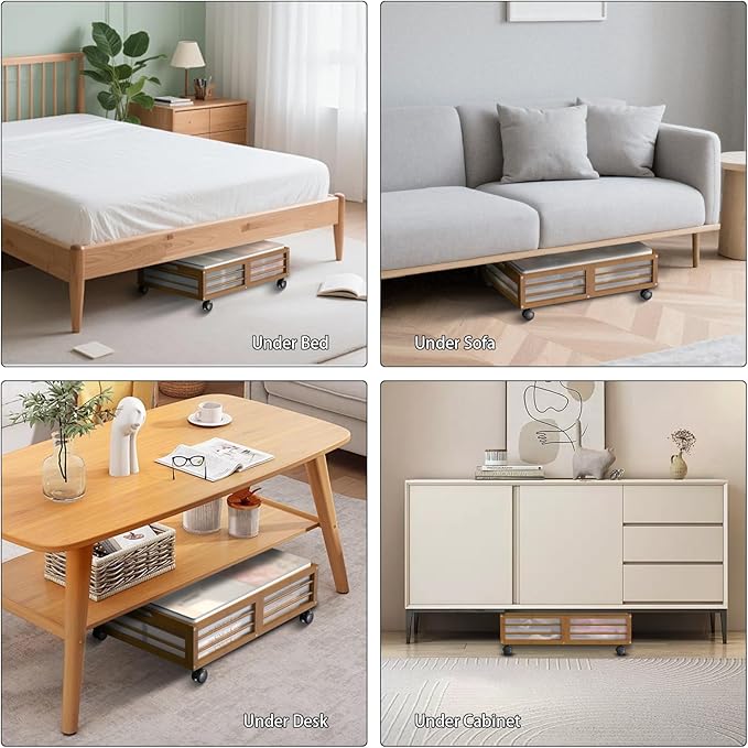 Under Bed Storage Containers with Wheels, Larger Bamboo Wood Under Furniture Storage Containers with Dust Bags，Rolling for Shoes Clothes
