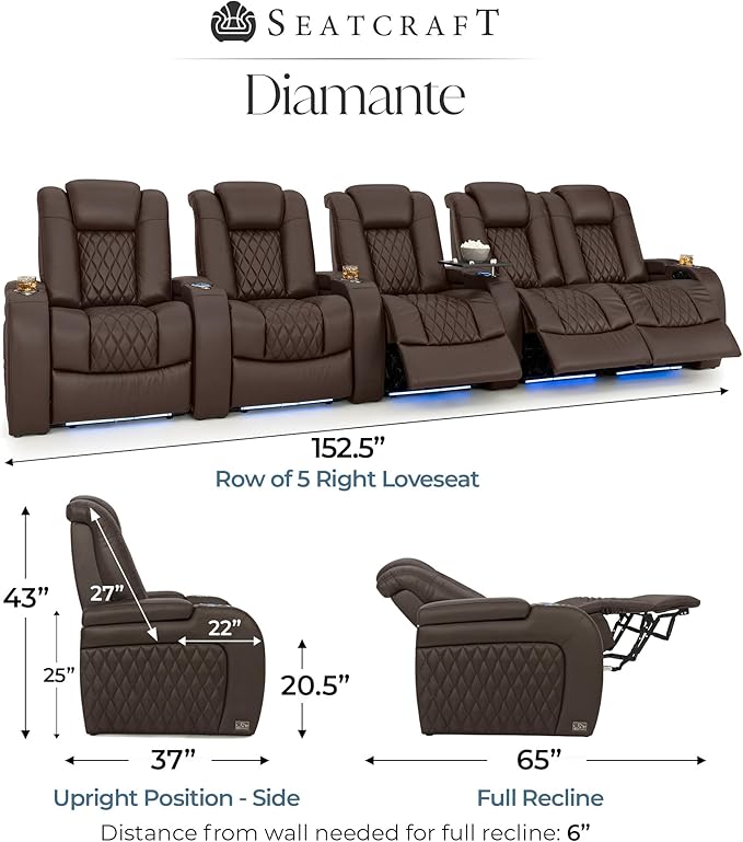 Seatcraft Diamante Zero-Gravity CoolZero Italian Leather Home Theater Seating, Power Headrest, Power Recline, Row of 5 Right Loveseat, Brown