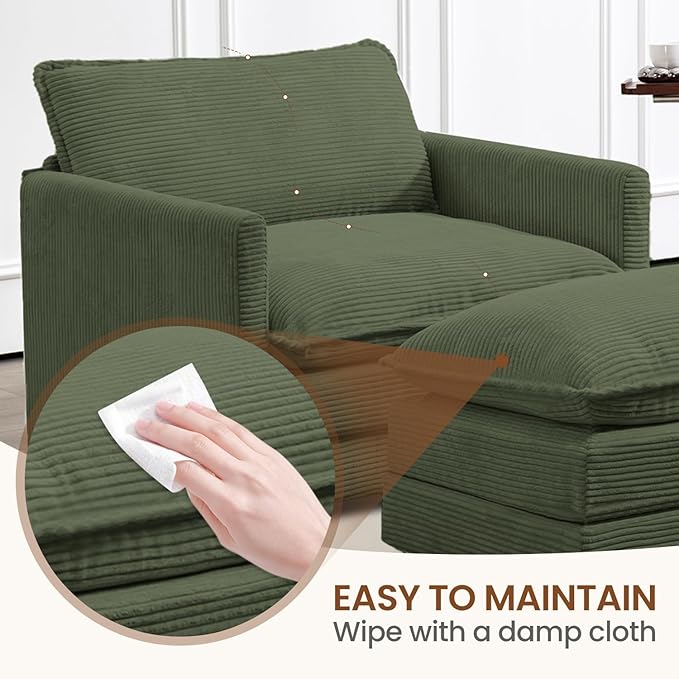 ROWHY Single Armchair with Ottoman, Modern Corduroy Cloud Couch with Convertible Chaise, Upholstered Sofa Set for Living Room, Green