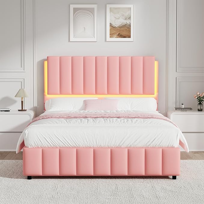 Pink Queen Bed Frame with Headboard and LED Lights, Modern Upholstered Faux Leather Platform Bed with Wooden Slats Support, No Box Spring Needed, Easy Assembly, Pink