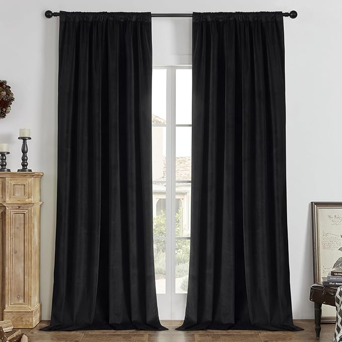Joydeco Black 100% Blackout Curtains 72 Inch 2 Panels, Luxury Thermal Insulated Black Velvet Curtains for Bedroom Living Room, Soundproof Blackout Window Drapes, Rod Pocket & Back Tab (42W x 72L)