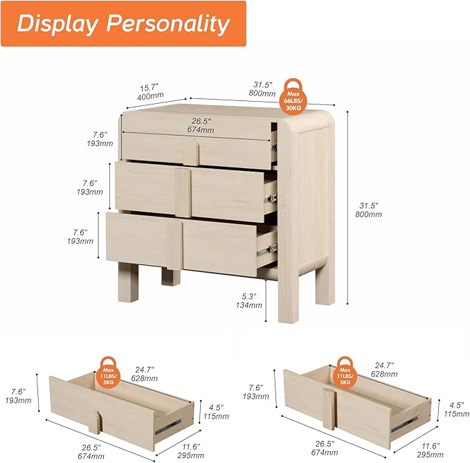 WAMPAT Modern 3 Drawer Nightstand, 31.5" Tall Nightstand with Large Chest of Drawers, Wooden Bedroom Dresser w/Curved Profile Design, End Table Bed Side Table for Bedroom, Living Room, Light Oak