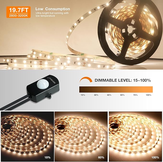 Sensky 19.7ft/6m Motion Activated LED Strip Light Kit Flexible LED Strip Motion Sensor for Bedroom, Gun Safe, Under Cabinet, Under Bed, Pantry, Kitchen, Stairway, Closet(Warm White 3000-3500K)