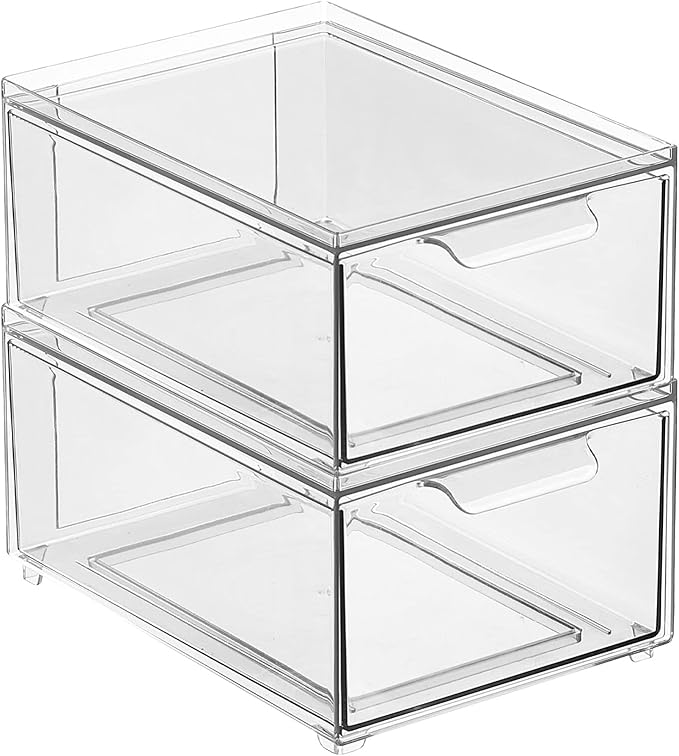 mDesign Stackable Storage Containers Box with 2 Pull-Out Drawers - Stacking Plastic Drawer Bins for Closet Organization, Linen, Coat, Bedroom or Entryway Closets - Lumiere Collection - 2 Pack - Clear