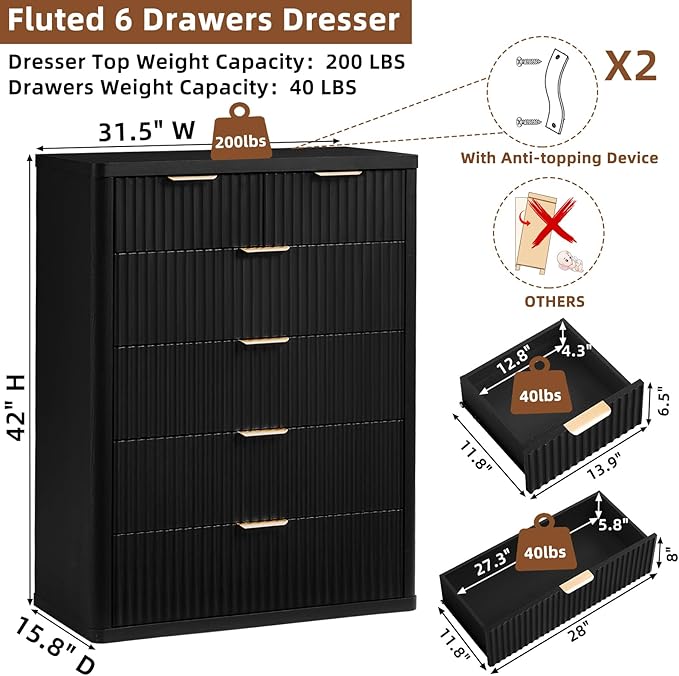 LEYAOYAO Fluted 6 Drawers Dresser for Bedroom, 42" Tall Modern Chest of Drawers with Metal Handle, Curved Profile Design,Black Wood Drawer Organizer for Bedroom, Living Room, Hallway, Entryway
