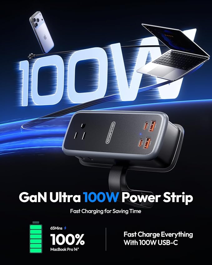 NTONPOWER 100W GAN Ultra Travel Power Strip, 7-in-1 USB C Charging Station with 3 Outlets 4 USB (2 Fast Charge)& 5FT Extension Cord, Compact Desktop Charger for MacBook, iPhone, Cruise, Office, Black