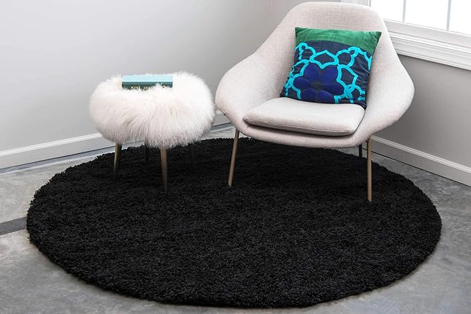 Unique Loom Solid Shag Collection Area Rug (7' 10" Round, Jet Black)