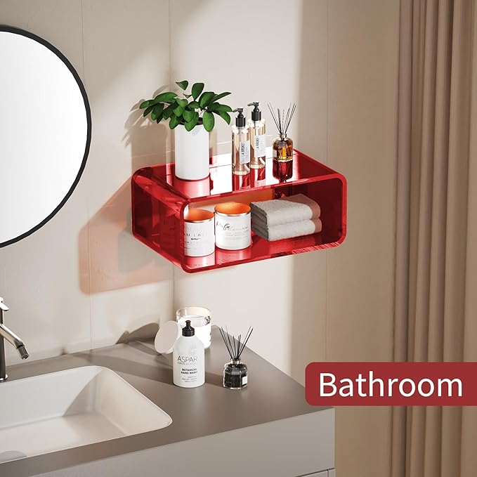 Acrylic Floating Nightstand, Bedside Table, Nightstand Shelf Wall Mounted Bedside Shelf (Red, Small)