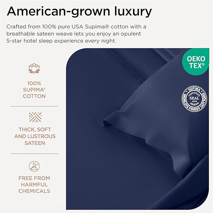 Threadmill Supima Cotton Sheets Queen, 1200 Thread Count Queen Sheet for Queen Mattresses, 4 Piece Luxury Bed Sheets, Sateen Weave Hotel Quality Sheets with Elasticized Deep Pocket, Folkstone Blue