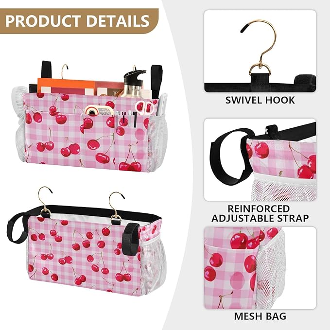 Bedside Caddy Hanging Bunk Bed Caddy Bed Organizer Hanging Pocket with 2 Hooks Bedside Storage Organizer Pocket Bag Holder Pink Juicy Checkered Cherry
