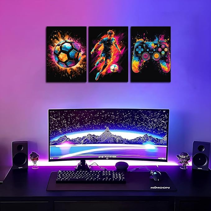 BGFCE Gaming Canvas Wall Art Decor, Paintings Art Game Controller Color Splash Ink Prints Painting, Posters for Room Aesthetic, Soccer Canvas Wall Art for Boys Room Decor 12x16 - Set of 3 Framed