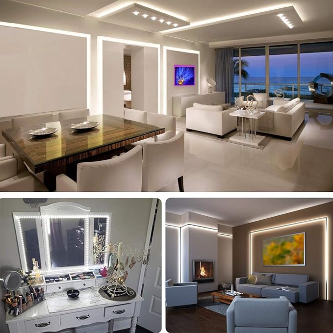 WOBANE White LED Strip Lights, Dimmable LED Light Strip Kit, 16.4ft Flexible Tape Lights for Bedroom,Kitchen,Under Cabinet,Bright 6500K Daylight, LED Mirror Lighting for Vanity Makeup Dressing Table