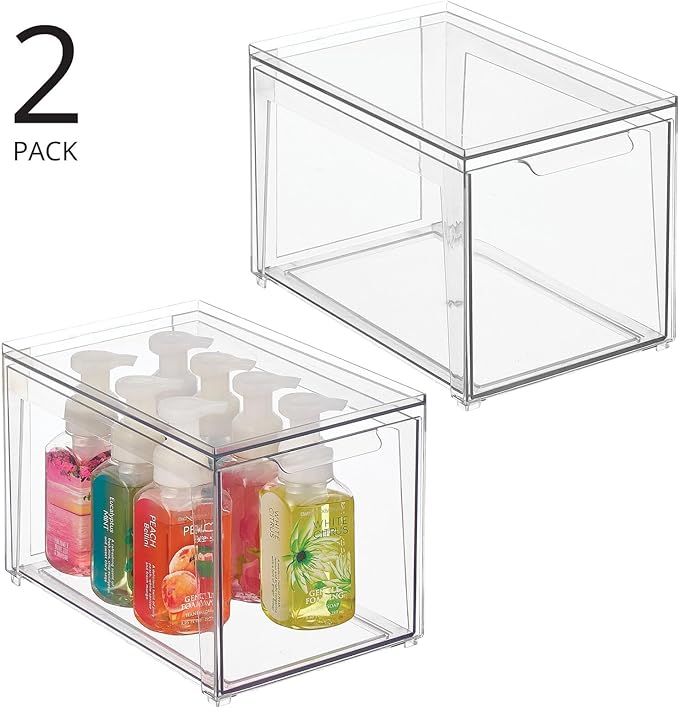 mDesign Plastic Stackable Bathroom Storage with Pull Out Bin Organizer Drawer for Cabinet, Vanity, Shelf, Cupboard, Cabinet, or Closet Organization - Lumiere Collection - 2 Pack - Clear