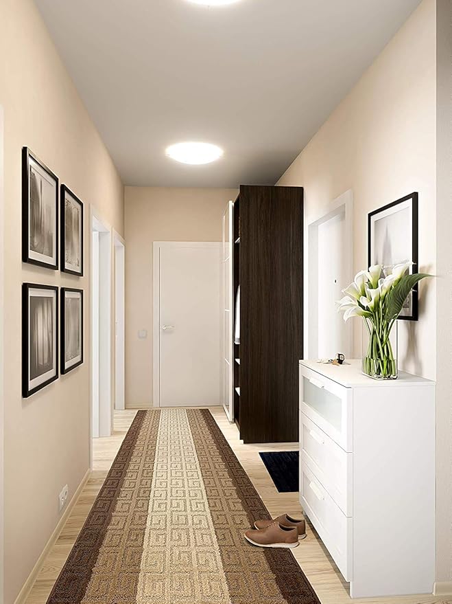 Custom Length Hallway Runner Rug,Slip Resistant,Meander Brown, 26 Inch X 9 feet, Sold and Priced Per Foot