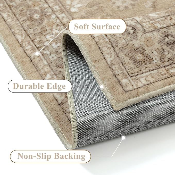 8x10 Brown Area Rug Non Slip Large Vintage Living Room Distressed Machine Washable Retro Carpet Indoor Bedroom Traditional Floral Accent Throw Rug for Office Kitchen Dorm Dining Room