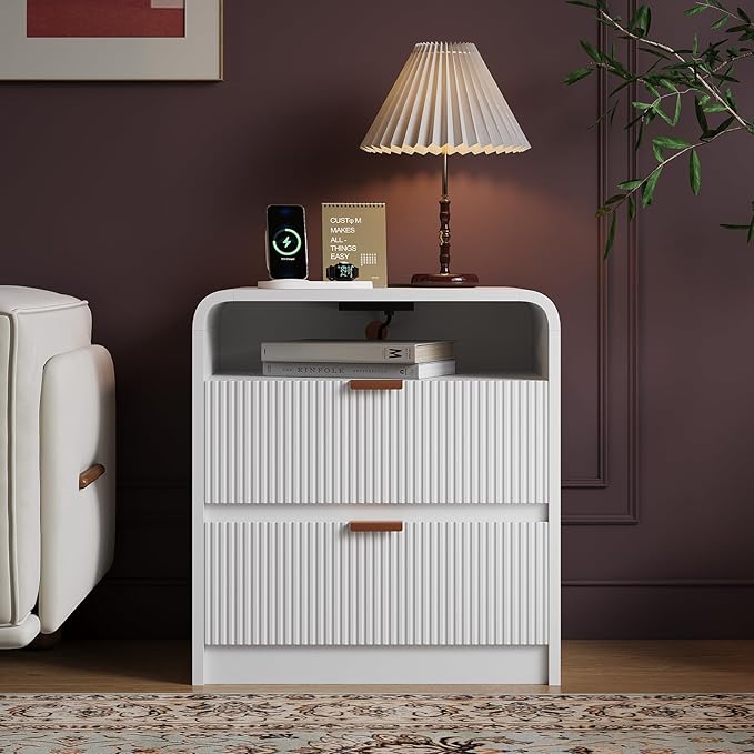 FURSUN 24" Fluted Nightstand with Charging Station, Wooden End Table with 2 Drawers Storage, Curved Profile Design, Modern Bedside Cabinet for Bedroom, White
