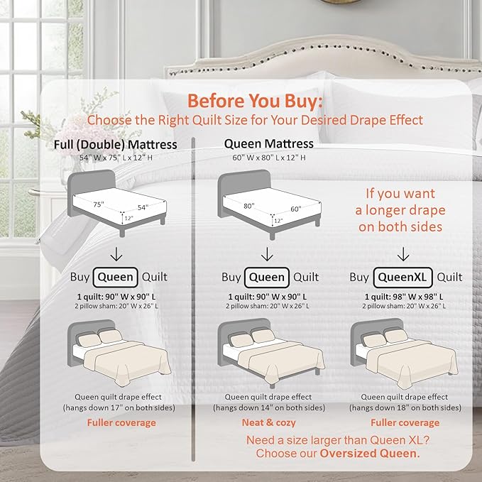 KASENTEX Queen Quilt Set 90"x90" – Soft Washed 3-Layer Lightweight Bedspread, Minimalist Nordic Design, All-Season Spring & Summer Quilt Set (1 Quilt + 2 Pillow Shams), Gull