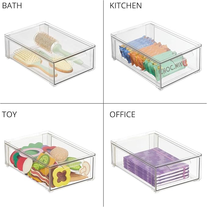 mDesign Plastic Storage Box with Drawer – Low Plastic Shoe Storage Bin – Stackable Box for Accessories etc. – Pack of 2 – Transparent
