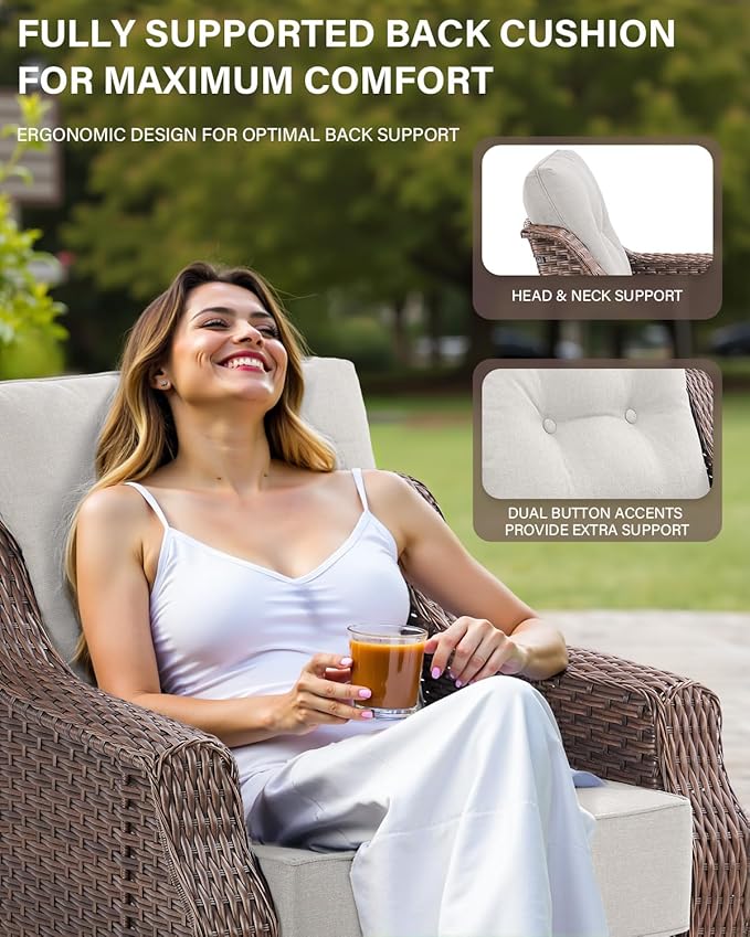 Belord 6" Thick Cushion Outdoor Swivel Rocker Patio Chairs Set of 2, Wicker 3 Piece Patio Bistro Set with Side Table and Comfort High Back Outdoor Patio Glider Chair - Brown Wicker/Beige Cushion