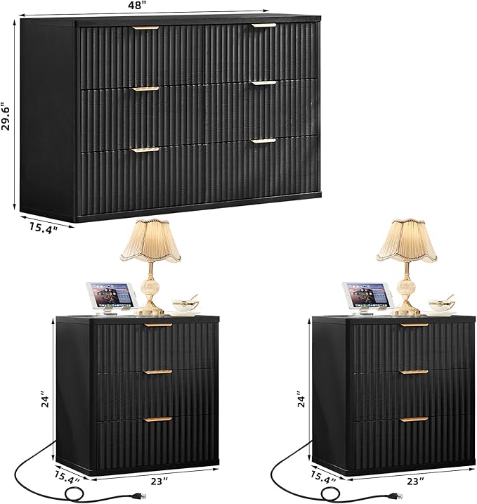 LEYAOYAO 48" Wide Fluted Dresser and 3 Drawers 23" Nightstand Set of 2, Wooden Dresser & Night Stand with Charging Station, 3 Piece Bedroom Furniture Set, Wood Chest of Drawer for Living Room,Black