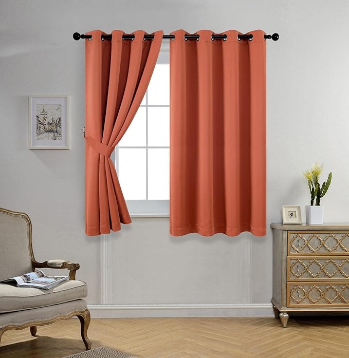 MIUCO 1 Pair Thermal Insulated Grommet 52-Inch-by-63-Inch Blackout Window Curtain Panels with 2 Tie Backs, Rust