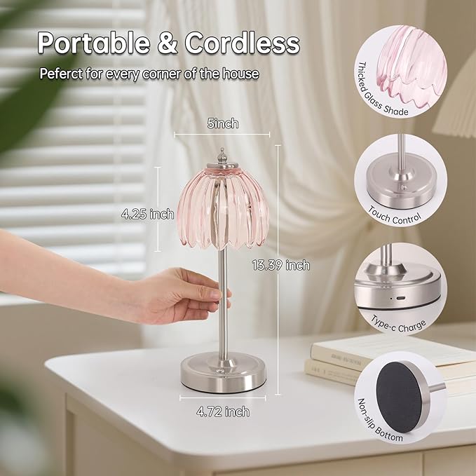 Tulip Table Lamp with 5200mAh Battery & Touch Control, Cordless Small Table Lamp with 3 Colors, Dimmable Rechargeable Table Lamps for Living Room, Bedroom, Desk, Bedside (Clear Pink Tulip)