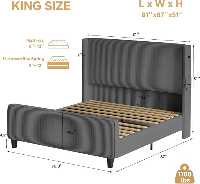 King Size Bed Frame with Headboard, Upholstered Platform Bed with Tall Wingback Headboard & Footboard, Corduroy Bed Frames with USB Ports, Easy Assembly, Grey